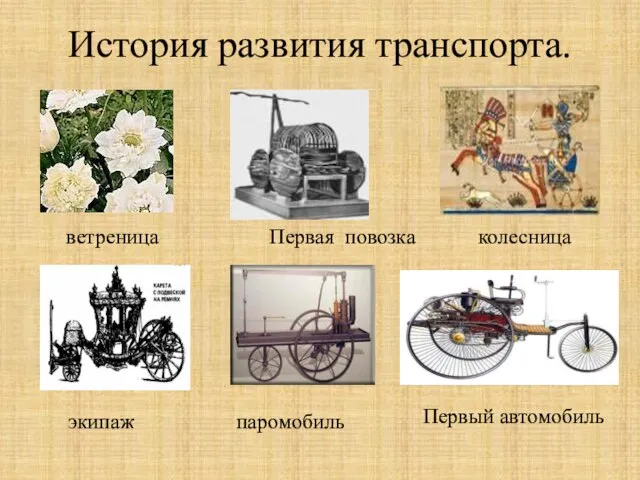 История развития транспорта. ветреница Первая повозка колесница паромобиль экипаж Первый автомобиль