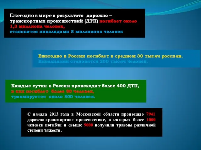 Ежегодно в мире в результате дорожно – транспортных происшествий (ДТП) погибает около