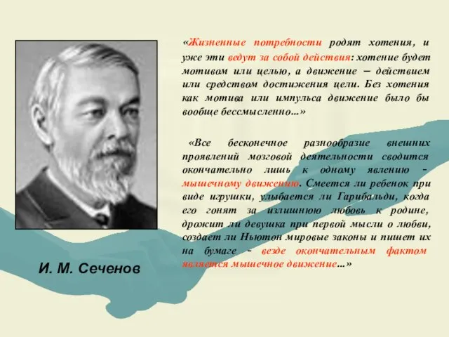 И. М. Сеченов «Жизненные потребности родят хотения, и уже эти ведут за