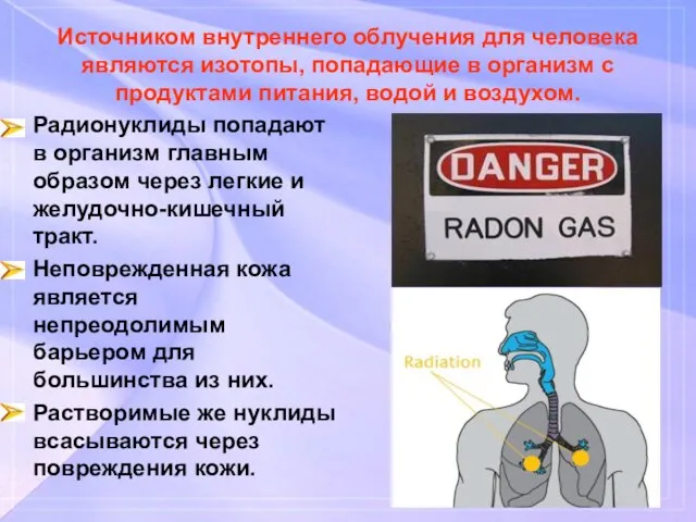 Источником внутреннего облучения для человека являются изотопы, попадающие в организм с продуктами