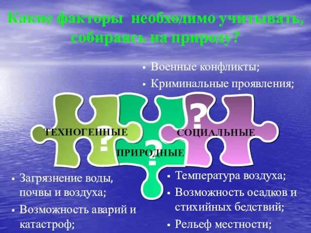 Какие факторы необходимо учитывать, собираясь на природу? ? ? ? Температура воздуха;