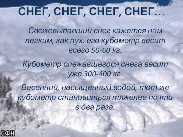 СНЕГ, СНЕГ, СНЕГ, СНЕГ… Свежевыпавший снег кажется нам легким, как пух, его