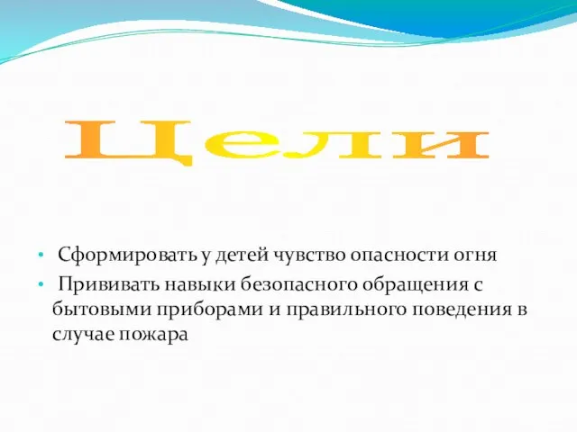 Сформировать у детей чувство опасности огня Прививать навыки безопасного обращения с бытовыми