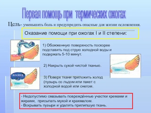 Цель- уменьшить боль и предупредить опасные для жизни осложнения. Оказание помощи при