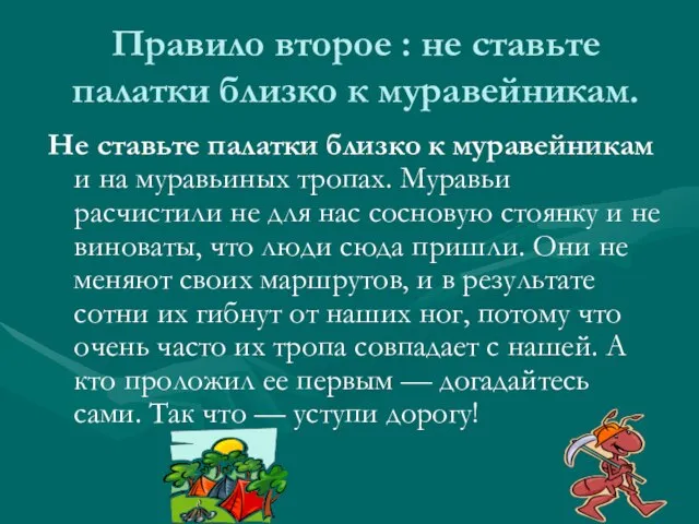 Правило второе : не ставьте палатки близко к муравейникам. Не ставьте палатки