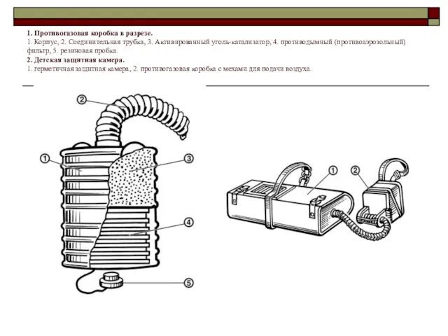 1. Противогазовая коробка в разрезе. 1. Корпус, 2. Соединительная трубка, 3. Активированный