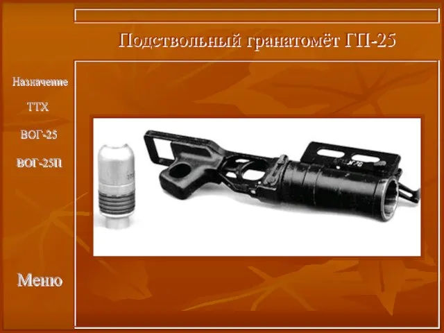 Назначение ТТХ Меню ВОГ-25 Подствольный гранатомёт ГП-25 ВОГ-25П