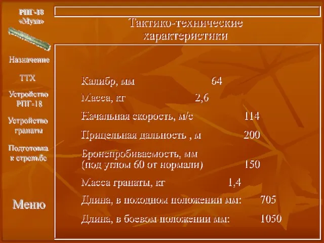 Меню РПГ-18 «Муха» Тактико-технические характеристики Калибр, мм 64 Масса, кг 2,6 Начальная