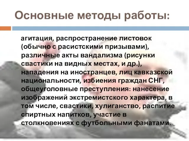 Основные методы работы: агитация, распространение листовок (обычно с расистскими призывами), различные акты