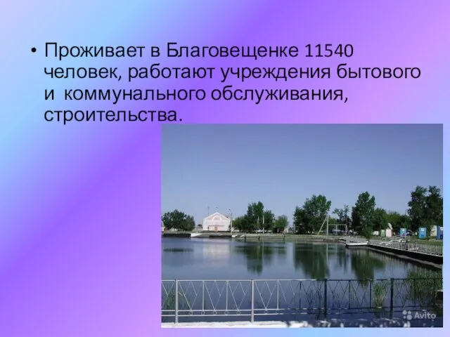 Проживает в Благовещенке 11540 человек, работают учреждения бытового и коммунального обслуживания, строительства.