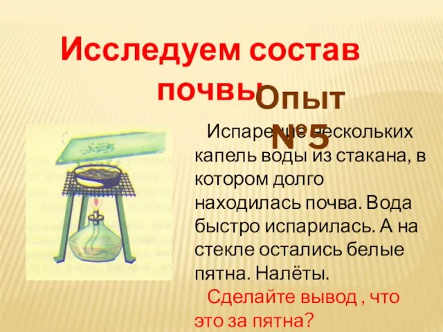 Испарение нескольких капель воды из стакана, в котором долго находилась почва. Вода