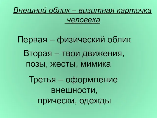 Внешний облик – визитная карточка человека Первая – физический облик Вторая –