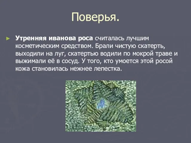 Поверья. Утренняя иванова роса считалась лучшим косметическим средством. Брали чистую скатерть, выходили