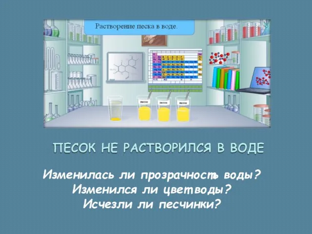 Изменилась ли прозрачность воды? Изменился ли цвет воды? Исчезли ли песчинки?