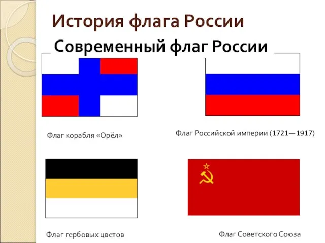 Флаг Российской империи (1721—1917) Флаг Советского Союза Флаг гербовых цветов Флаг корабля