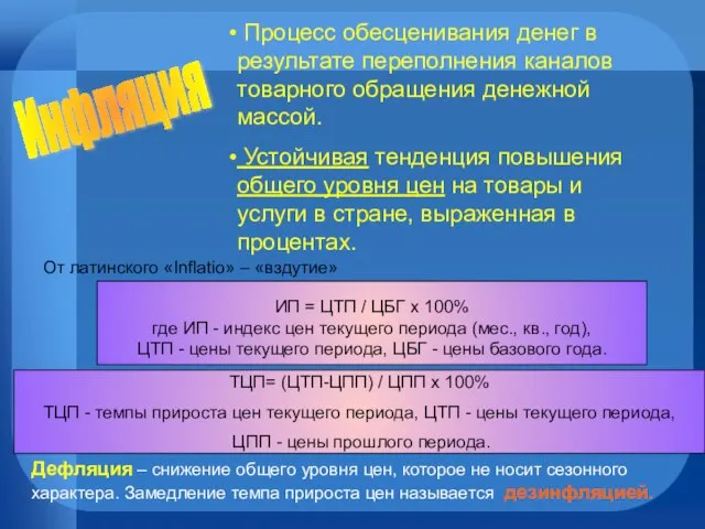 Инфляция Процесс обесценивания денег в результате переполнения каналов товарного обращения денежной массой.