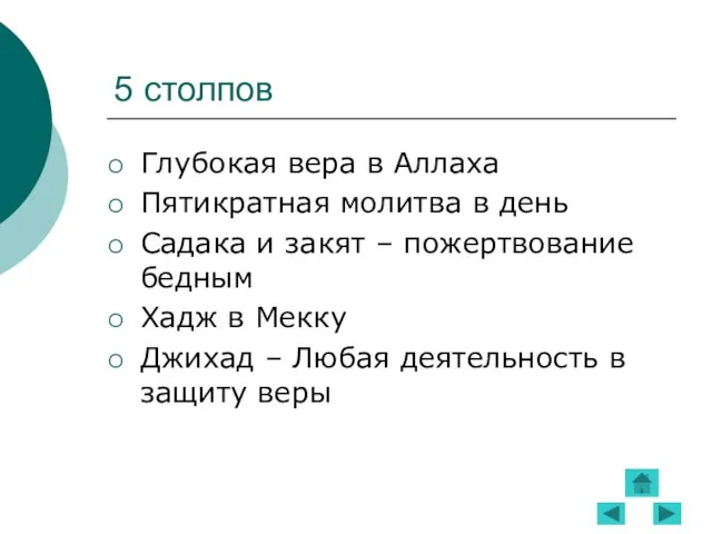 5 столпов Глубокая вера в Аллаха Пятикратная молитва в день Садака и