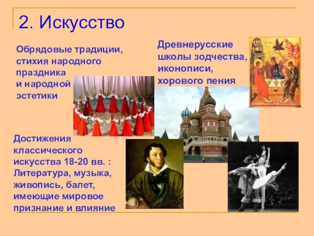 2. Искусство Обрядовые традиции, стихия народного праздника и народной эстетики Древнерусские школы