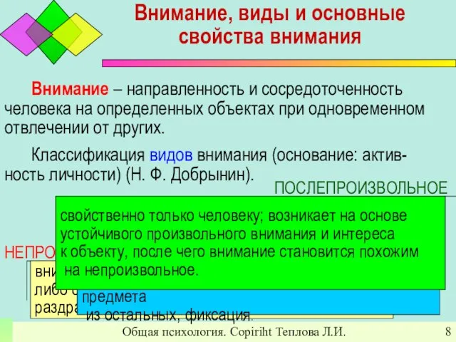 Общая психология. Copiriht Теплова Л.И. Внимание, виды и основные свойства внимания Внимание