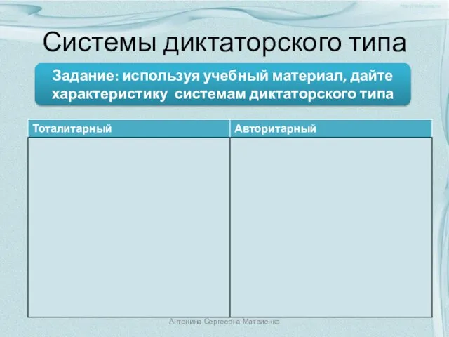 Системы диктаторского типа Задание: используя учебный материал, дайте характеристику системам диктаторского типа Антонина Сергеевна Матвиенко