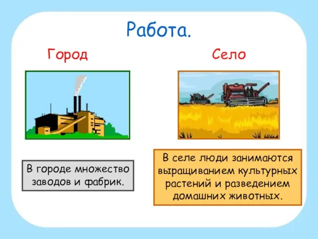 Работа. Город Село В городе множество заводов и фабрик. В селе люди