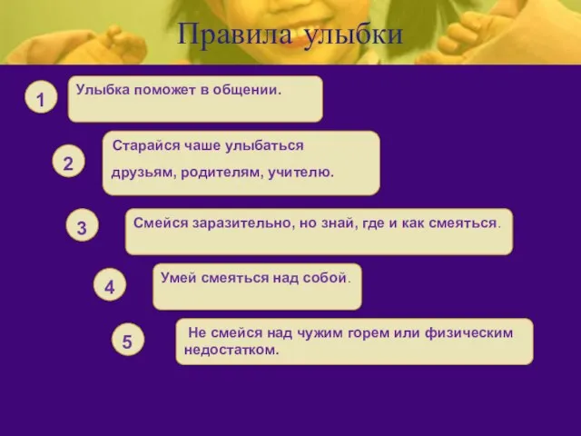 Правила улыбки Улыбка поможет в общении. 1 Старайся чаше улыбаться друзьям, родителям,