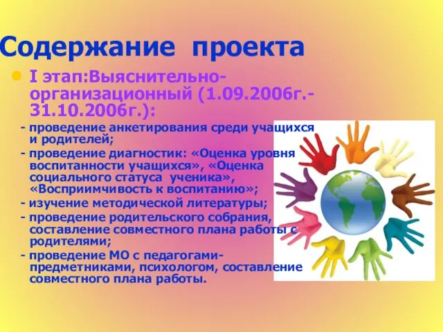 Содержание проекта I этап:Выяснительно-организационный (1.09.2006г.- 31.10.2006г.): - проведение анкетирования среди учащихся и