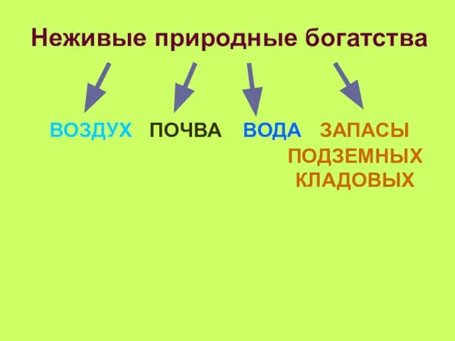 Неживые природные богатства ВОЗДУХ ПОЧВА ВОДА ЗАПАСЫ ПОДЗЕМНЫХ КЛАДОВЫХ