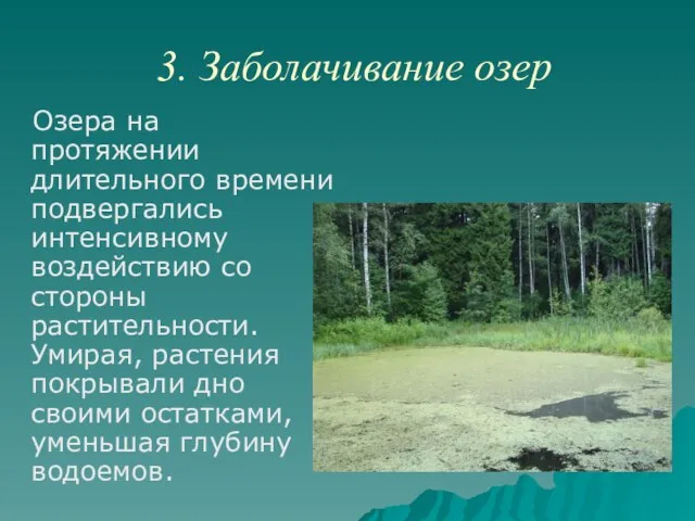 3. Заболачивание озер Озера на протяжении длительного времени подвергались интенсивному воздействию со