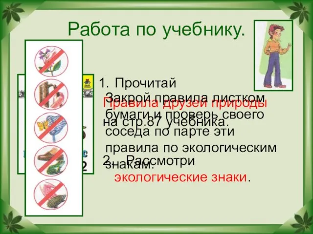 Работа по учебнику. Прочитай Правила друзей природы на стр.87 учебника. 2. Рассмотри