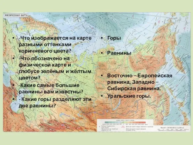 -Что изображается на карте разными оттенками коричневого цвета? -Что обозначено на физической