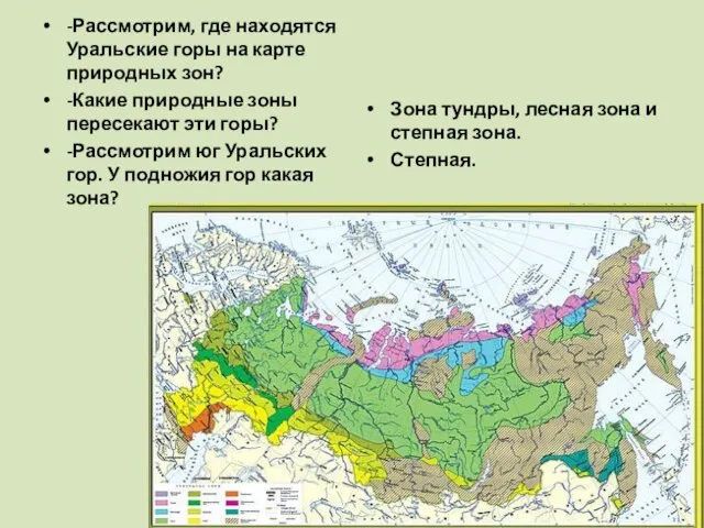 -Рассмотрим, где находятся Уральские горы на карте природных зон? -Какие природные зоны