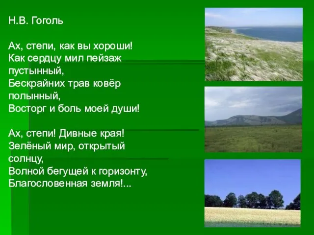 Н.В. Гоголь Ах, степи, как вы хороши! Как сердцу мил пейзаж пустынный,