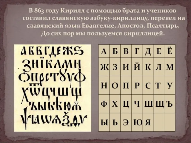 В 863 году Кирилл с помощью брата и учеников составил славянскую азбуку-кириллицу,