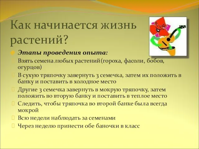 Как начинается жизнь растений? Этапы проведения опыта: Взять семена любых растений(гороха, фасоли,