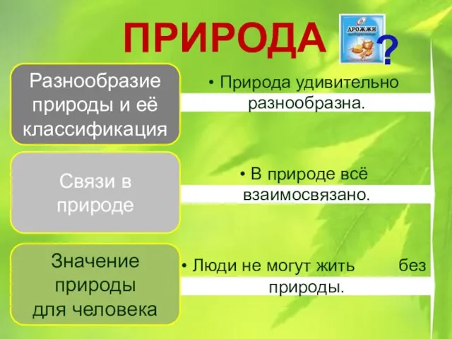 ПРИРОДА Природа удивительно разнообразна. В природе всё взаимосвязано. Люди не могут жить