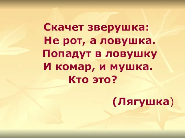 Скачет зверушка: Не рот, а ловушка. Попадут в ловушку И комар, и мушка. Кто это? (Лягушка)