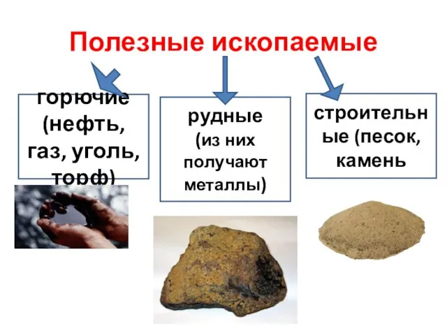 Полезные ископаемые горючие (нефть, газ, уголь, торф) рудные (из них получают металлы) строительные (песок, камень