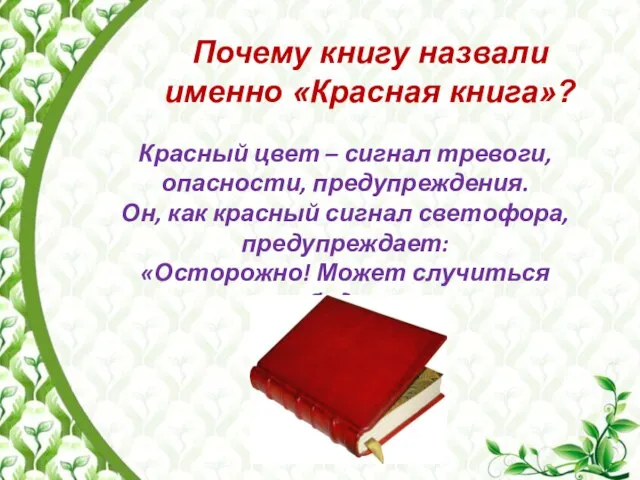 Почему книгу назвали именно «Красная книга»? Красный цвет – сигнал тревоги, опасности,