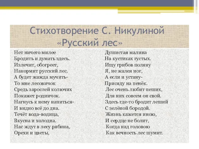 Стихотворение С. Никулиной «Русский лес» Нет ничего милее Душистая малина Бродить и