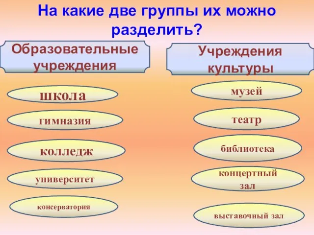 На какие две группы их можно разделить? Образовательные учреждения Учреждения культуры школа