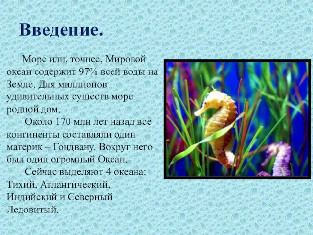 Введение. Море или, точнее, Мировой океан содержит 97% всей воды на Земле.