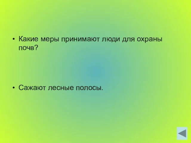 Какие меры принимают люди для охраны почв? Сажают лесные полосы.