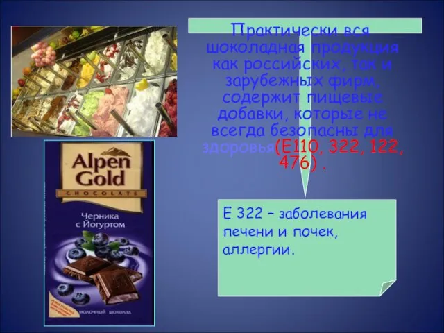 Практически вся шоколадная продукция как российских, так и зарубежных фирм, содержит пищевые