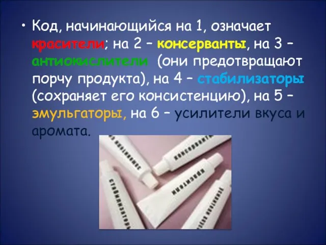 Код, начинающийся на 1, означает красители; на 2 – консерванты, на 3