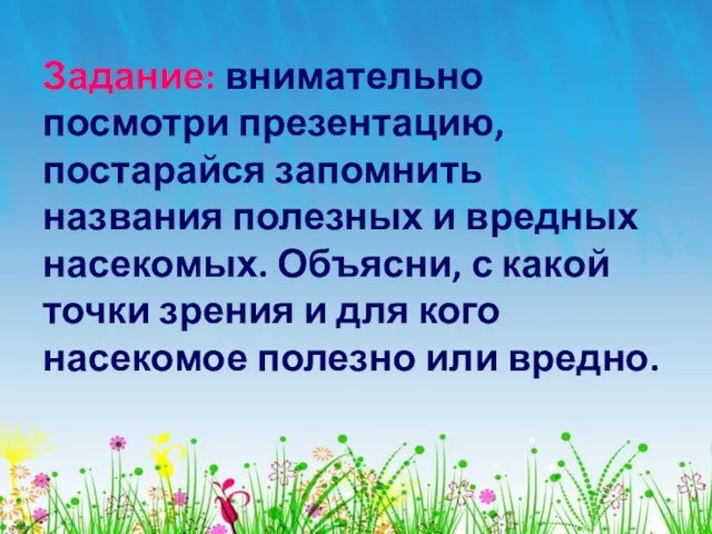 Задание: внимательно посмотри презентацию, постарайся запомнить названия полезных и вредных насекомых. Объясни,