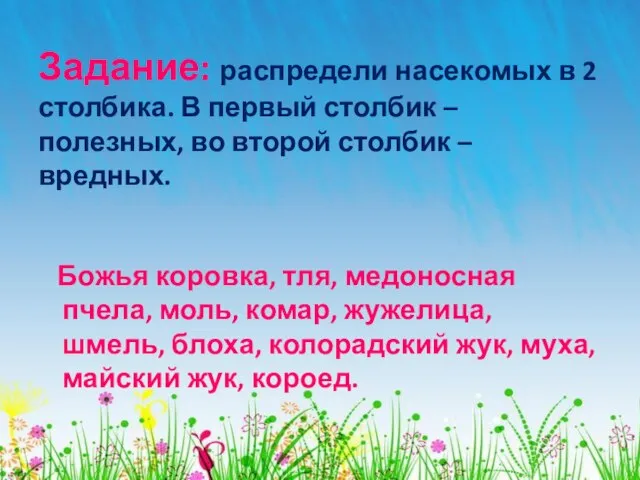 Задание: распредели насекомых в 2 столбика. В первый столбик – полезных, во