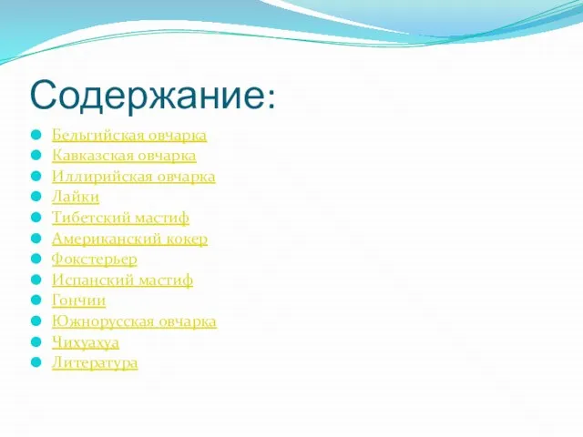 Содержание: Бельгийская овчарка Кавказская овчарка Иллирийская овчарка Лайки Тибетский мастиф Американский кокер