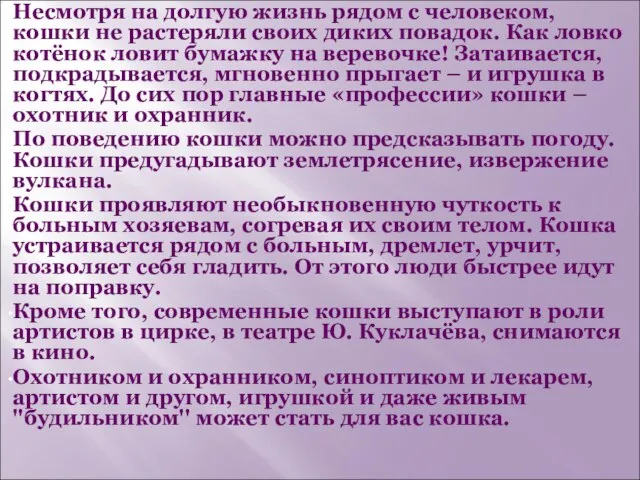 Несмотря на долгую жизнь рядом с человеком, кошки не растеряли своих диких