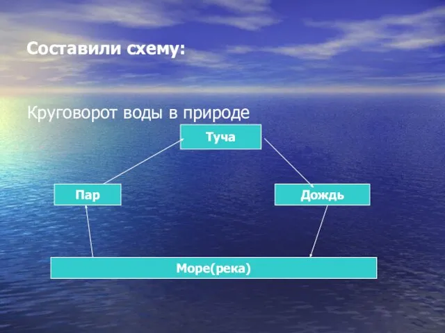 Составили схему: Круговорот воды в природе Море(река) Пар Туча Дождь